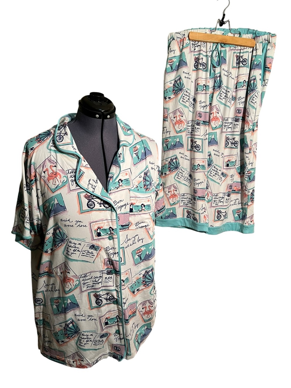 Munki Munki Women’s Size XXL Pajama Set Travel Postcards White Blue Pink Purple